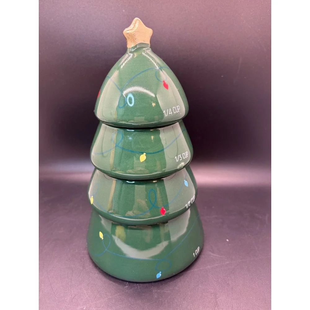 Christmas Tree Ceramic Nesting Measuring‎ Cup Set 4 Piece Green Holiday Decor